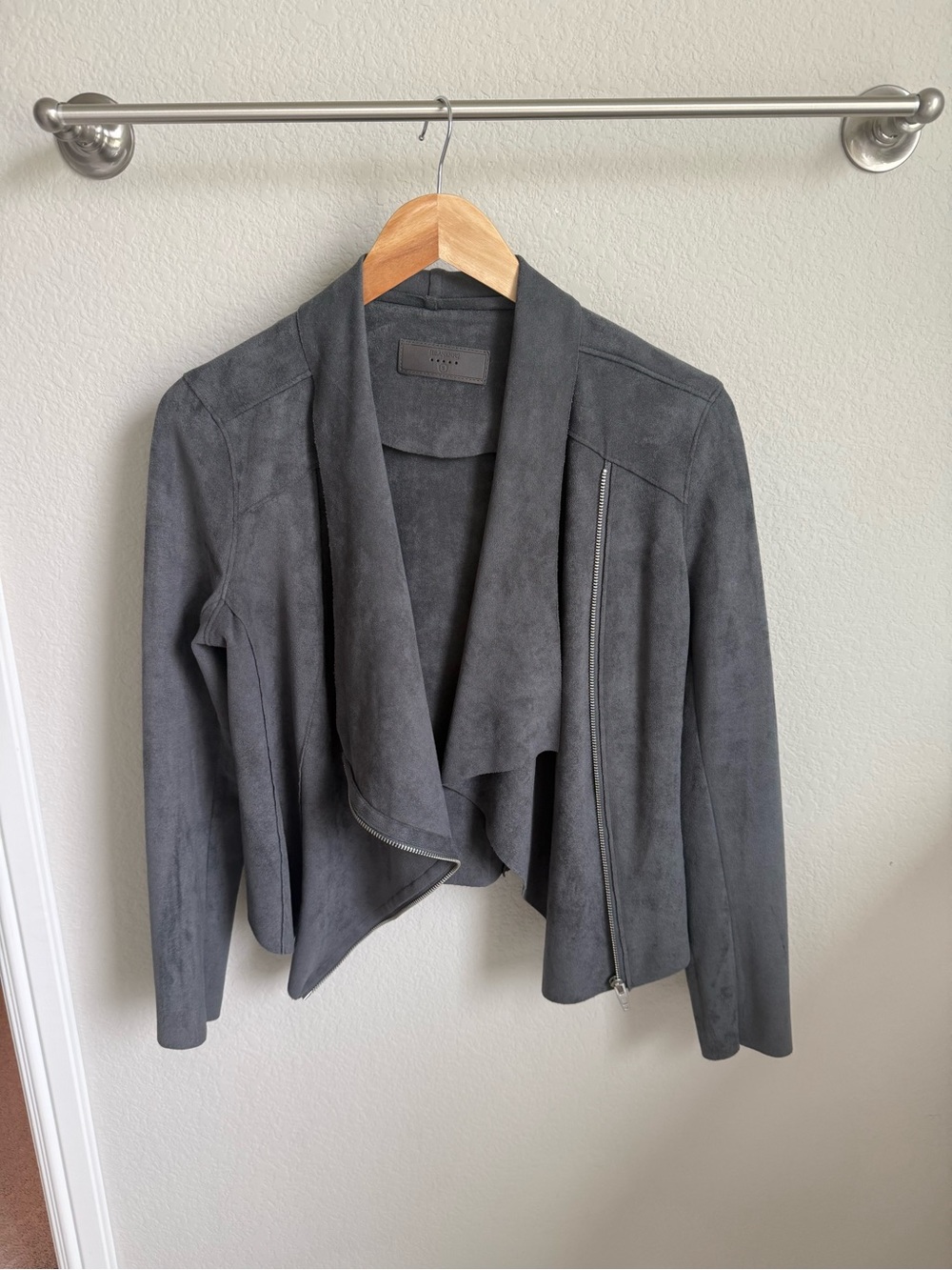 Blank NYC Charcoal Grey Draped Faux-Suede Moto Jacket